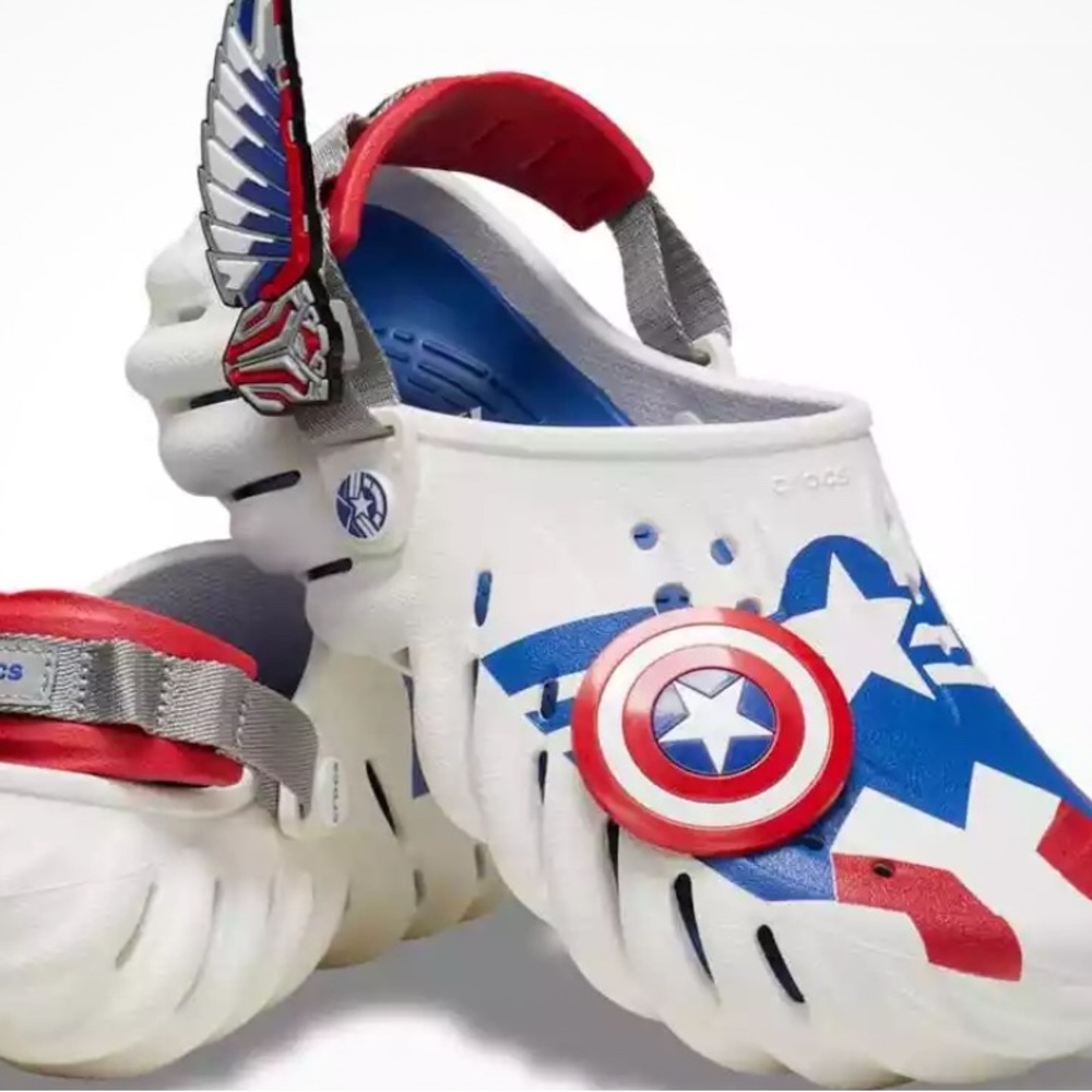 CROCS White and Red Sandals with Superhero Accents